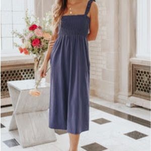 Magnolia Boutique Ruffle Strap Navy Blue Smocked Midi Dress